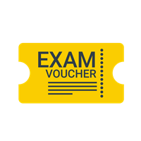 A yellow exam voucher on top of a green background.