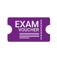 A purple exam voucher sitting on top of a green background.